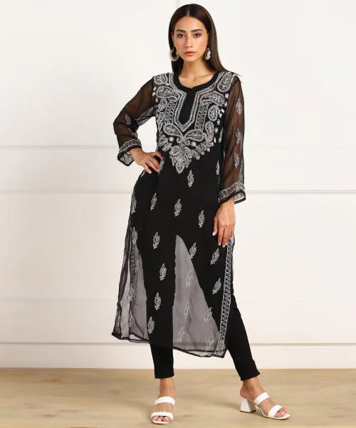 VAHSON Women Hand Embroidered Authentic Lucknow Chikankari Georgette Black Kurta