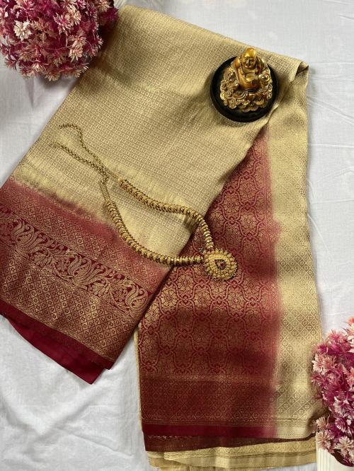 DHAVANAM Cream and Maroon Soft Silk Saree