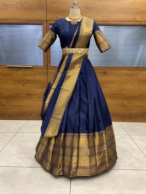Fabcartz Narayanpet Semi-stitched Half saree Navy Blue color with Matching wide dupatta