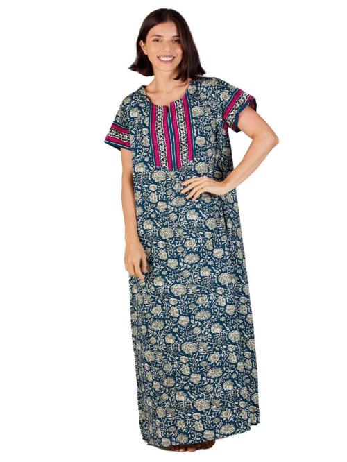 Evolove Women Terrific Teal Cotton Long Maxi Night Gown Nighty Dress With Pocket (S)