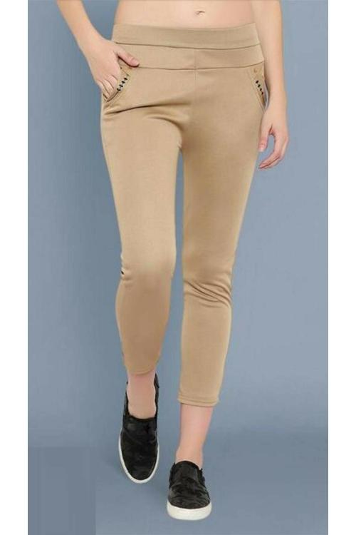 Women Beige Solid Cotton Lycra Blend Jegging
