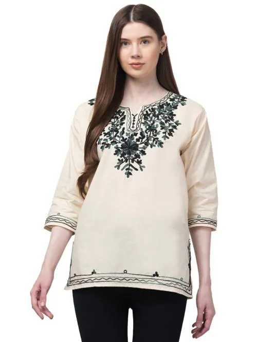 Aceola Women Off White Cotton Kashmiri Embroidered Relaxed Short Kurti