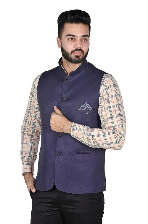 Oora Men Navy Blue Cotton Blend Nehru And Modi Jacket