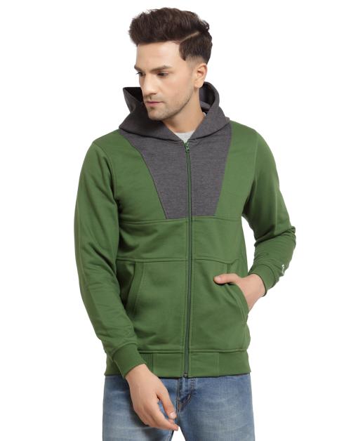 Kalt Men Green Dark Grey Melange Colour Block Fleece Hoodie