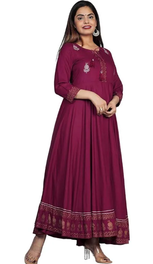 Hustiger Women's Rayon Embroidery Gown (Purple-L)