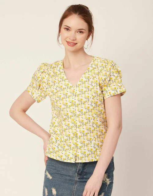 Moomaya Printed Cotton Tops For Women V Neck Short Puff Sleeve Regular Fit Top