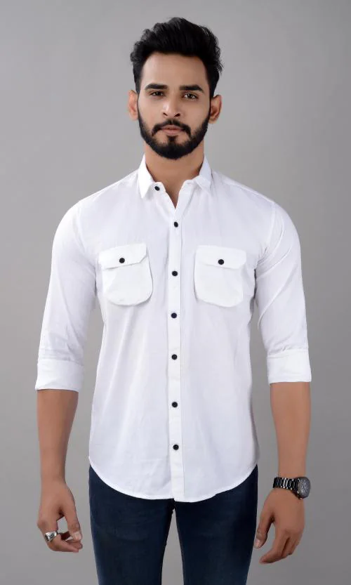 VILLAIN Men's Full Sleeve Cargo Shirt with Double Pocket - White