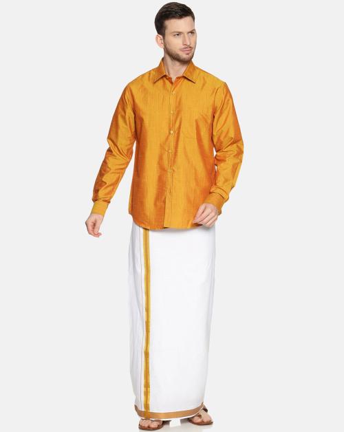 RAMRAJ COTTON Men Pure Cotton Yellow Half Sleeve Shirt and Dhoti Set