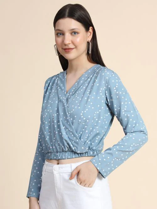 KERI PERRY Women's Powder Blue Polyester Polka Dot Crop Top