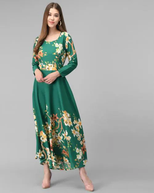 Raabta Fashion Women Green Printed Crape Dress
