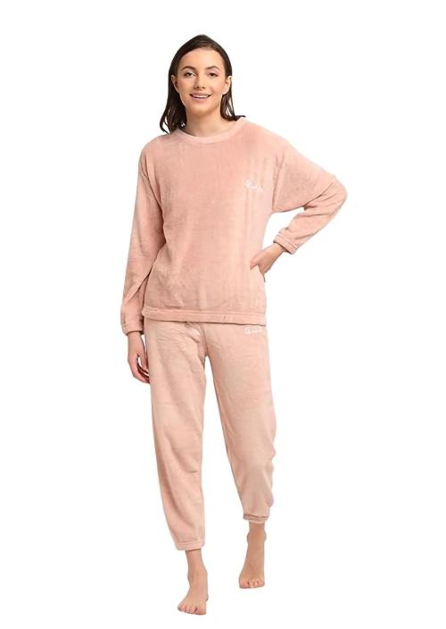 DONSON Unisex Fleece And Fur Solid Pajama Set(PEACH)