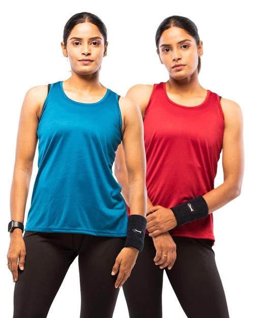 LAPPEN Women Cyan Blue and Maroon Solid Two Way Lycra and Spandex Round Neck T-Shirt - M