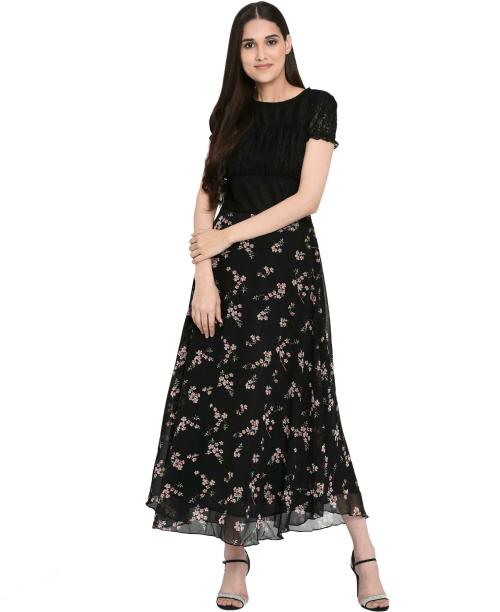 Lilyn Women Black Floral Print Viscose Rayon Maxi Dress (XXL)