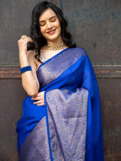 PITHAVADIWALA Self Design Temple Border Woven Solid Kanjivaram Dharmavaram Jacquard Pure Silk Saree ROYALBLUE