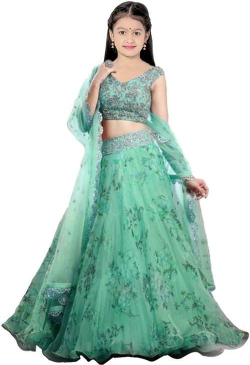 FULPARI Girls Lehenga Choli Party Wear Ethnic Wear Printed Lehenga Choli and Dupatta Set ( Light Green )
