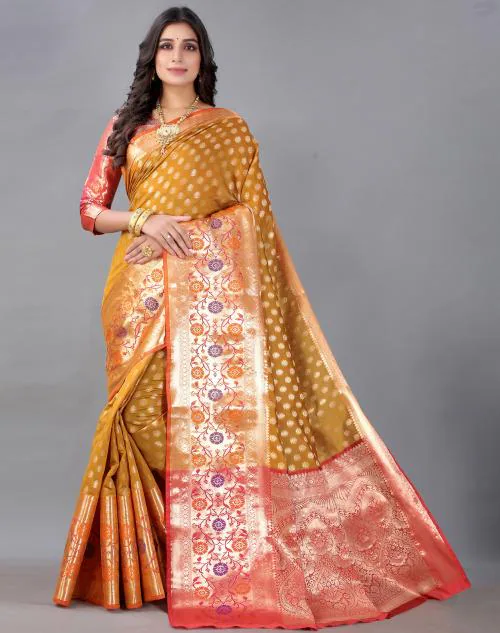 Satrani Women'S Golden and Mustard Paithani Jacquard Silk Saree | sarees for Women| saree | sarees