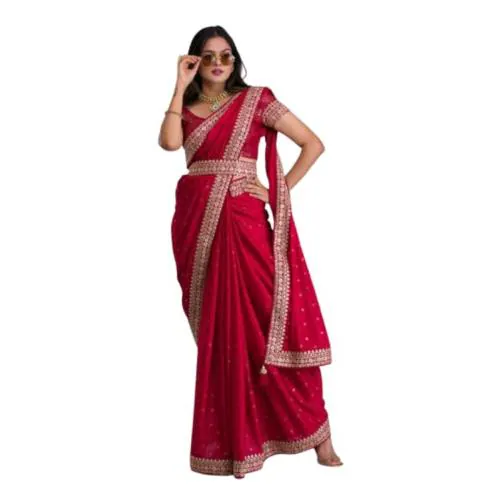 SATYAM COLLECTION Saree For Women's Pure Soft Zomato Silk Fabric With Designer Mukaish Work With Sequence & Coding Work Less Border And J-card Blouse & Belt