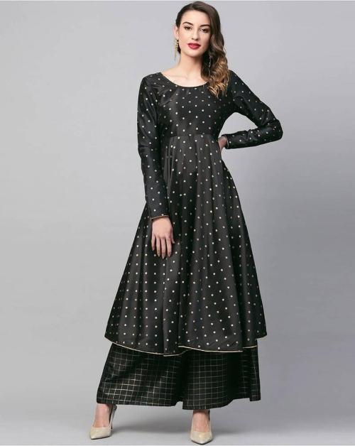 serving princess Women Black Printed Crepe Anarkali Kurta - XS