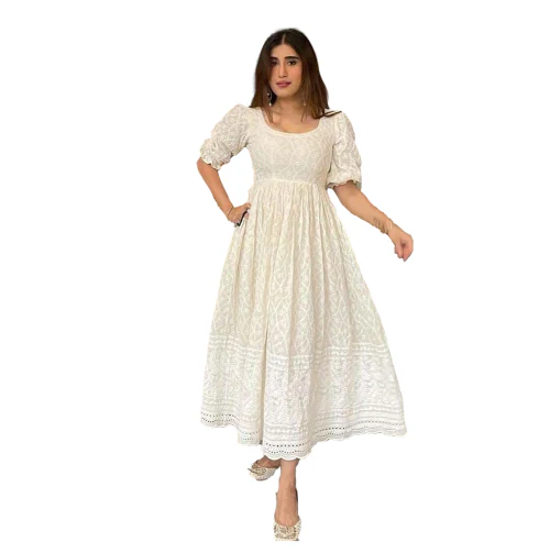Clickedia Womens Fully Stitched Cotton Self Design Kurti with Chikankari Sequins All Over and Puffy sleeves with elastic Pleated cut kurta/Kurti
