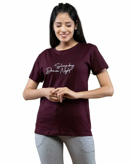 Lappen Fashion Women's Printed T-Shirt I Cotton Round Neck Half Sleeve Tshirts I Special for Nightwear Tops I Trendy & Stylish Look I T-Shirts for Women/Girls - (Sleep Day Dance Night) M