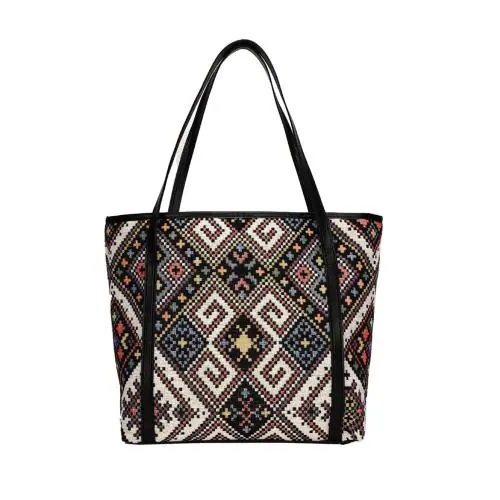 Palay Tote Bag For Women Vintage Jacquard Print Handbags With Zipper Closure Leather Large Capacity Shoulder Bag For Shopping, Commuting, School