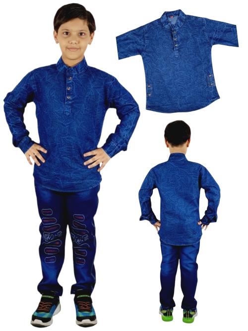 A H ZEESHAN Boys Kurta Style T-Shirt with Denim Full Pant Combo(32)