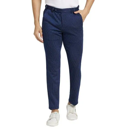 Park Avenue Men Blue Striped Rayon Flat-Front Pants
