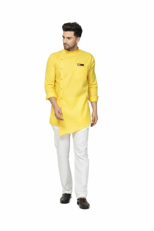 RYLEN Men's Yellow Stylish Short Kurta With Pant, Pure Cotton Designer Kurta, Cut Kurta For Men
