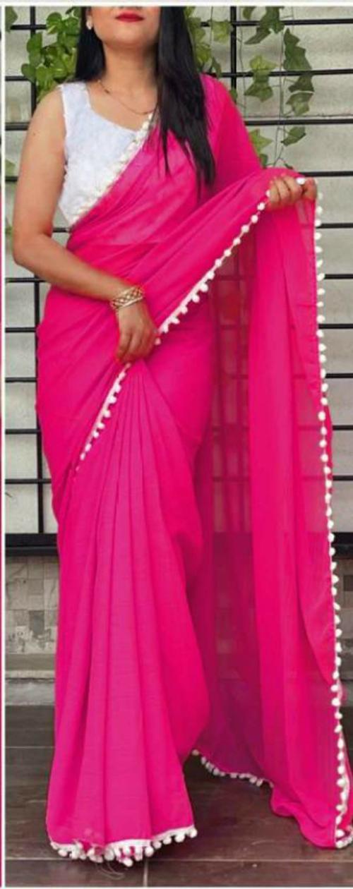 Sareez House Women Pink Dyed Chiffon Daily Wear Saree (Whitepom Pinkk)