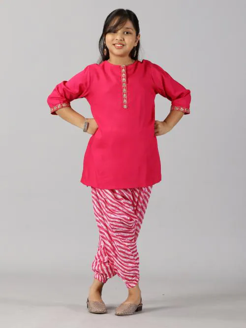Kiddopanti Girls 3/4Th Sleeve Short Kurta & Jodhpuri Pant Set