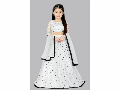 NEW CREATION Girls White Embroidered Net Lehenga, Choli and Dupatta Set