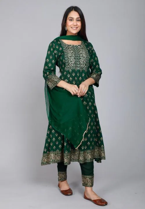 Fabrycle Beautiful Heavy Printed Anarkali Kurti (Embroidery work) With Pant and Dupatta Set
