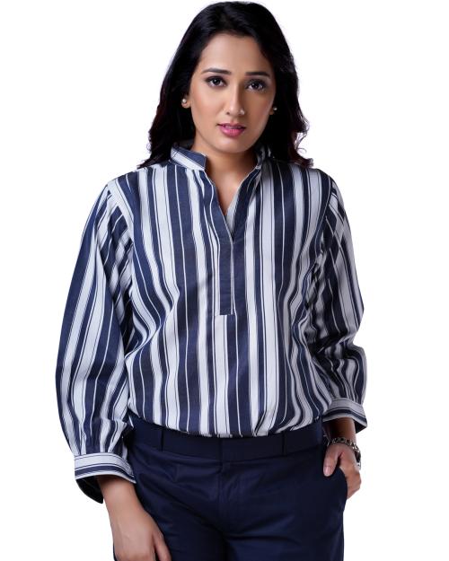 Charcoal Fashion Women's White Mandarin Collar Shirt With Double Pockets