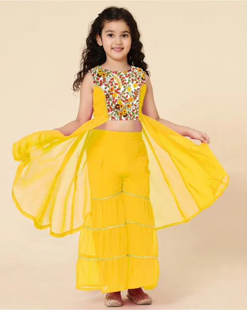 A.T.U.N. Girls Embroidered Yellow Sharara Set