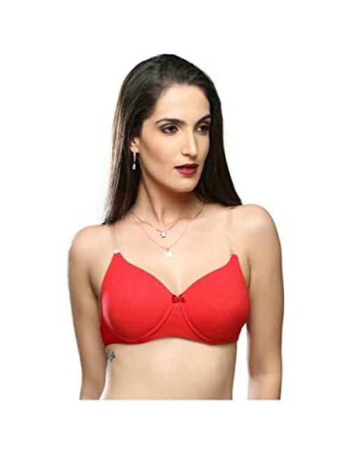Lovable Women's Cotton Lycra Full Support Padded Wirefree Seamless Full Coverage With Transparent Strap T-Shirt /Blouse /Saree Bra (Red_Size-36C)