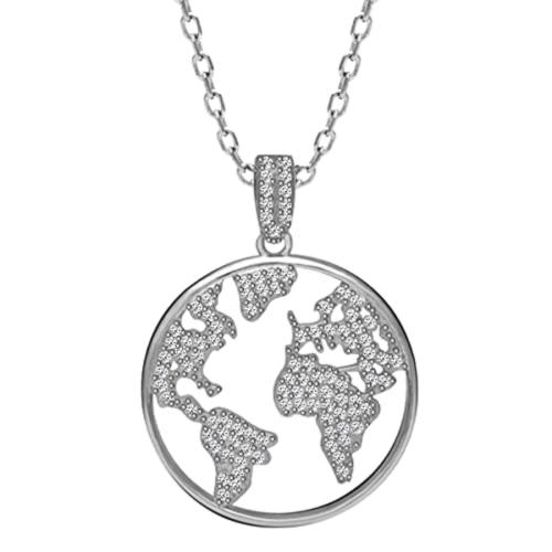Giva Sterling Silver Zircon World Pendant With Link Chain For Women