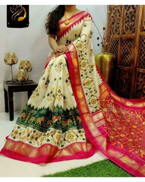 Saadhvi Women's Beige Cotton Art Silk Bandhani Printed Saree With Blouse(FL-BHUTRA-051_D, Free Size)