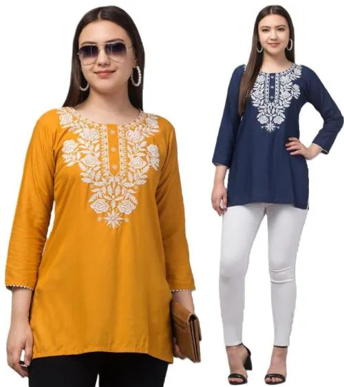 Aura Glam Women Embroidered Latest Design Rayon Fabric Round Neck With Three Quarter Sleeves Short Kurti | MultiColour Pack of 2 |Mustard & Navy Blue
