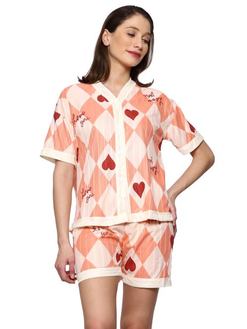 AUREA Graphic Print Half Sleeves Shorts Night Suit Set for Girls & Women Buttoned-Shirt with Shorts.