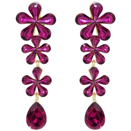 Fresh Vibes Stylish Magenta Pink Crystal Stone Earrings for Women - Long Hanging Flowers Designer Western Party Use Dangle Earings for Girls