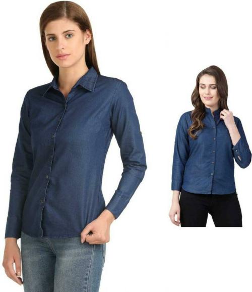 OOTPTAANG Women Blue Solid Denim Casual Shirt - L (Pack of 2)