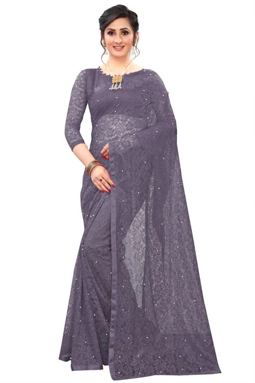 LOROFY Women Grey Net Saree