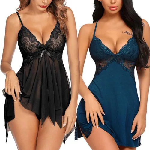 Arnoni Sexy Nighty for Honeymoon Sex, Babydoll Lingerie Set for Women Polyester Baby Doll Night Dress Sexy Lingerie for Women ak Combo (Black and Peacock Blue)