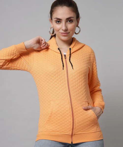 HELL BOUND Women Orange Quilted Fleece Single Hooded Sweatshirt