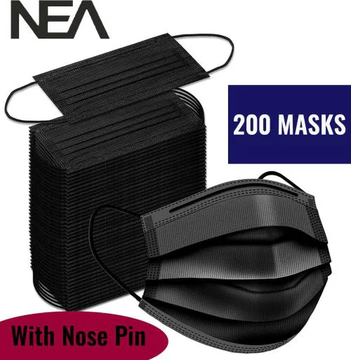 Nea Black 3 Layer Certified Water Resistant Pharmaceutical Surgical Face Mask Surgical Mask - Pack of 200, 3 Ply