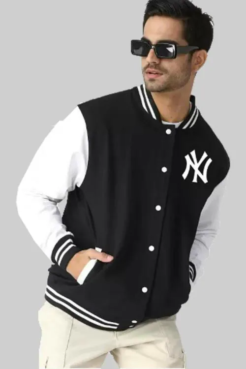 Clothink India Black and White Men Printed Varsity Jacket
