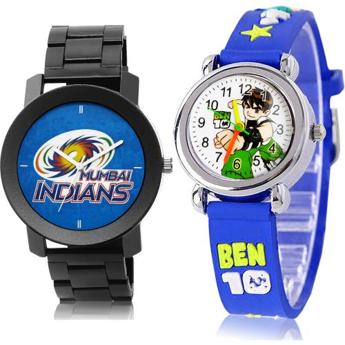 GROOT Modish Wrist Mumbai Indians Squad (Mi) Ipl Chain And Ben 10 Kids Black And Blue Colour Analog Metal And Plastic Belt 2 Watch Combo For Boys And Men - IPL15-BK88