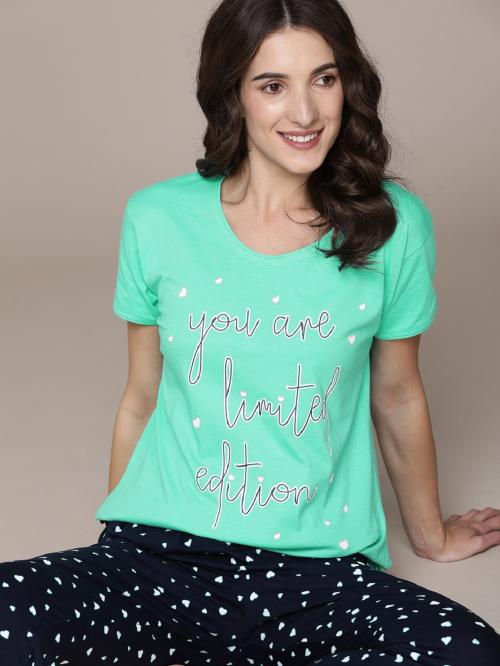 Beebelle women's Cotton Heart Printed Green Night Suit Set of T-Shirt & Pyjama 1031