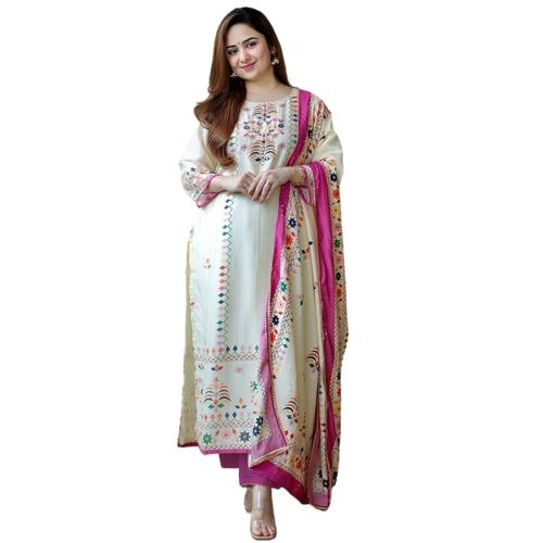 MEEPAL Women's Stylish & Comfortable White Printed Kurta With Pant And Dupatta- Small
