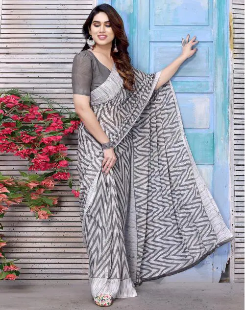 Siril Georgette Grey & White Color Saree with Blouse piece